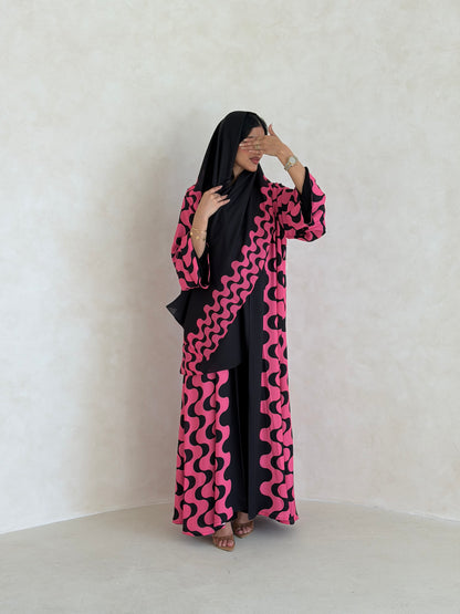 FAB342-Barbie Pink and Black Waves Printed Straight-Cut Abaya and matching headscarf