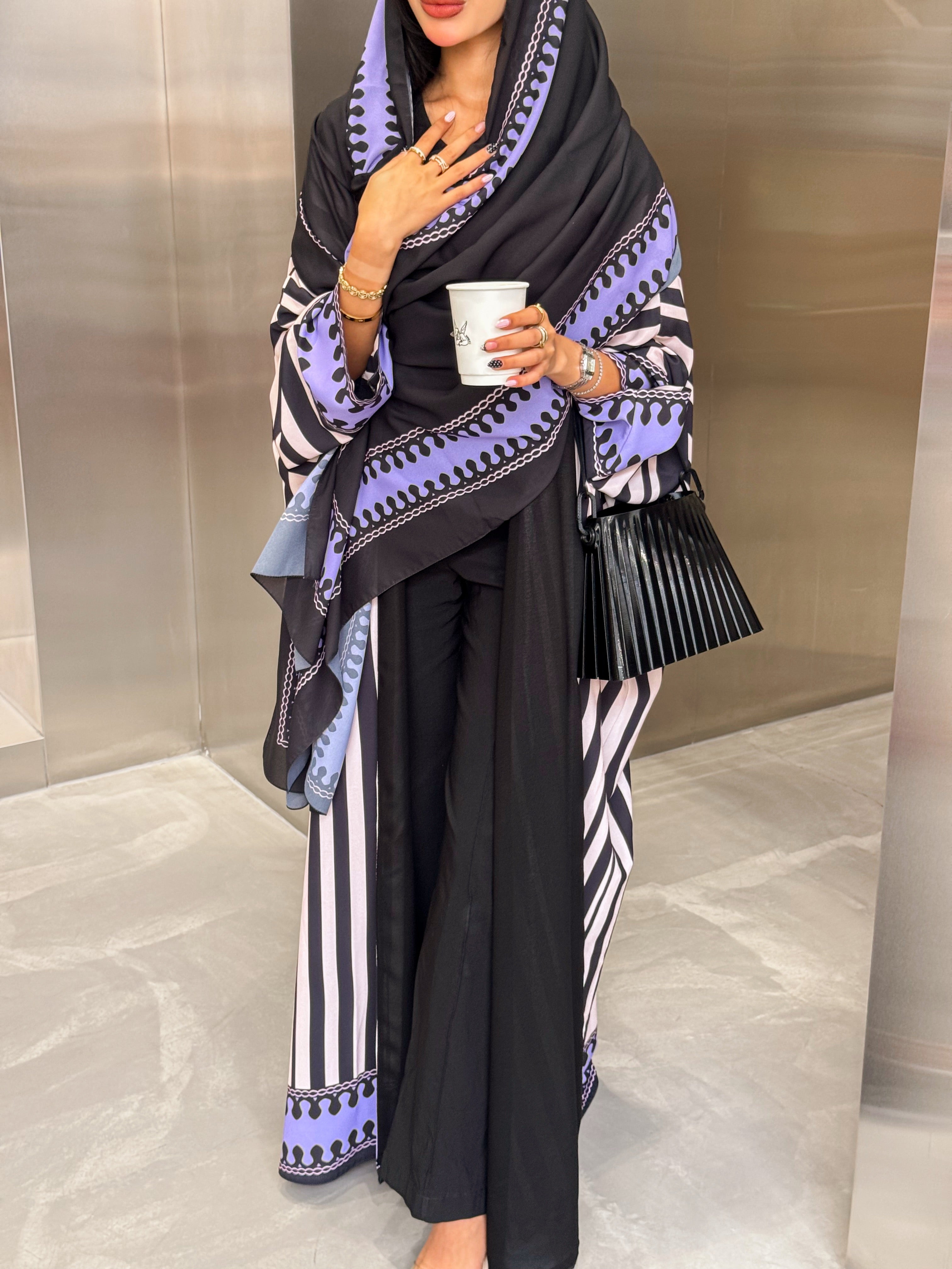 FAB321-Purple Black & Light Beige Striped Half Bisht-Cut Abaya with Neon border print