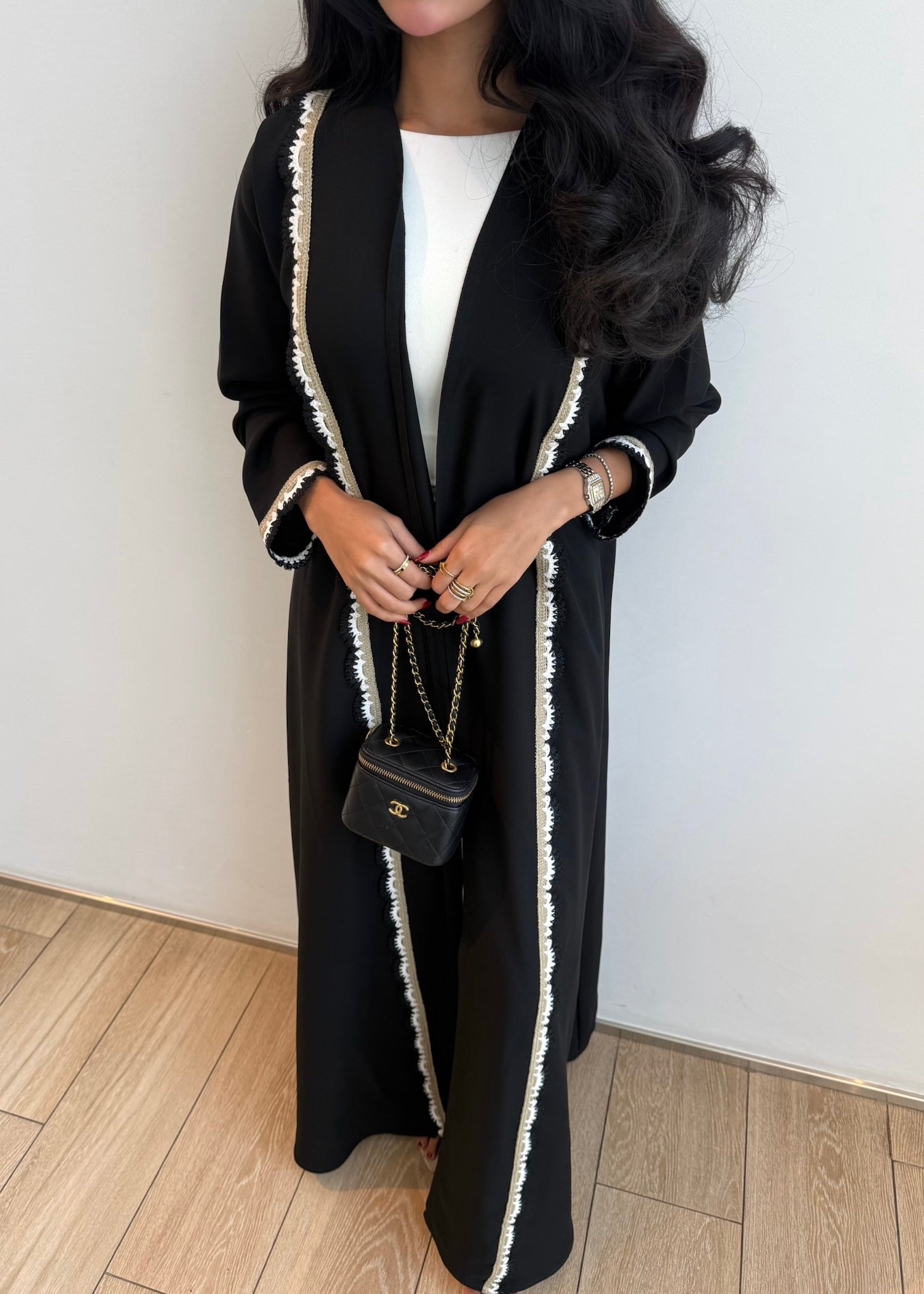 FAB326- Beige Black Crochet Crepe A-Cut Abaya with matching headscarf