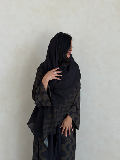 FAB343- Dark Olive and Black Waves Printed Straight-Cut Abaya and matching headscarf