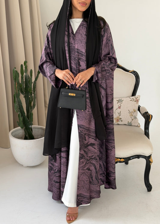 FAB287- Purple Marble Print - Crepe A-Cut Abaya with pipping headscarf