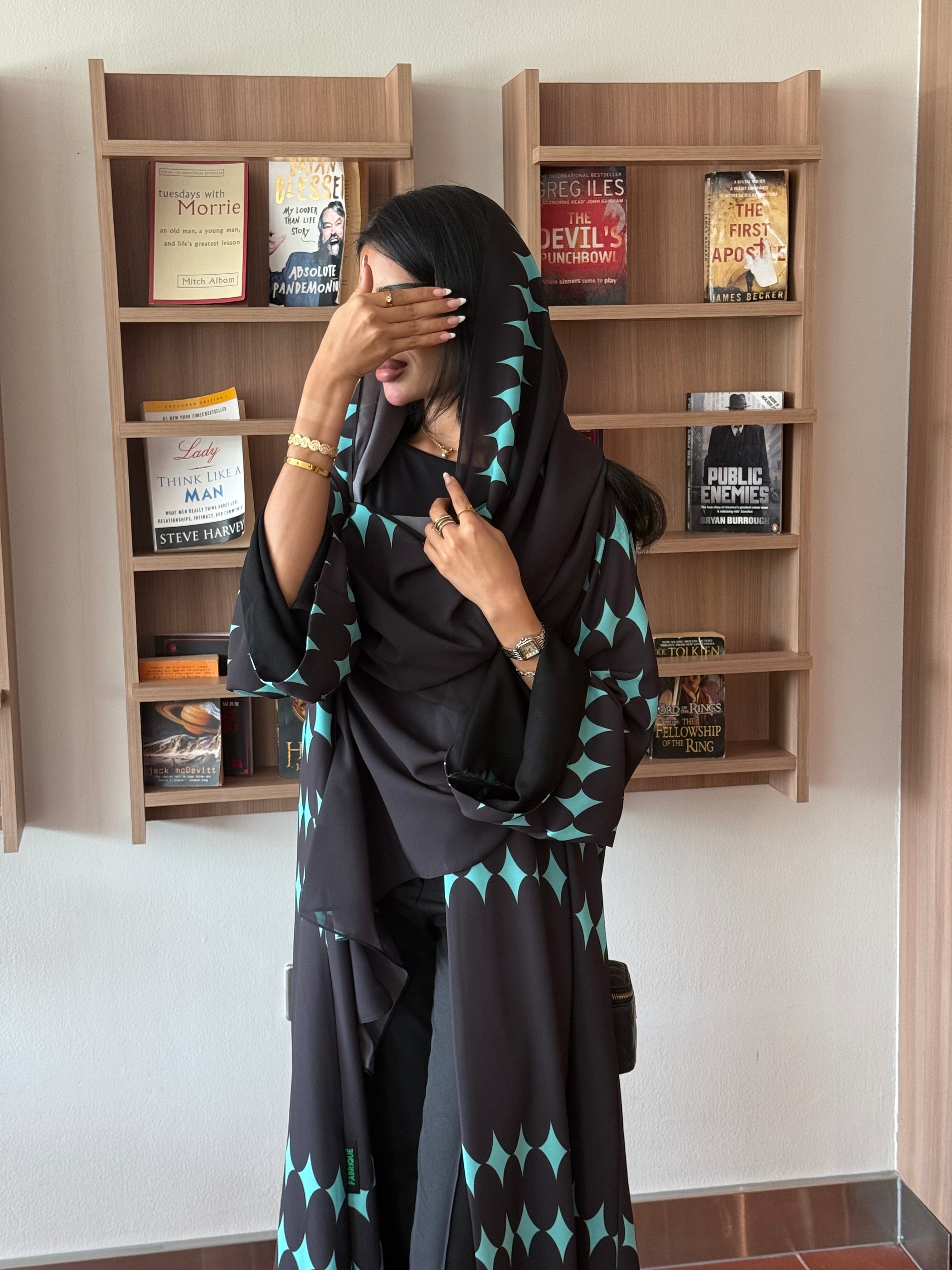 FAB333-Turquoise & Black Diamond Print Straight-Cut Abaya with Matching Headscarf