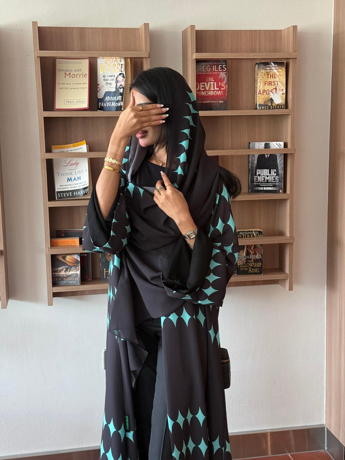 FAB333-Turquoise & Black Diamond Print Straight-Cut Abaya with Matching Headscarf