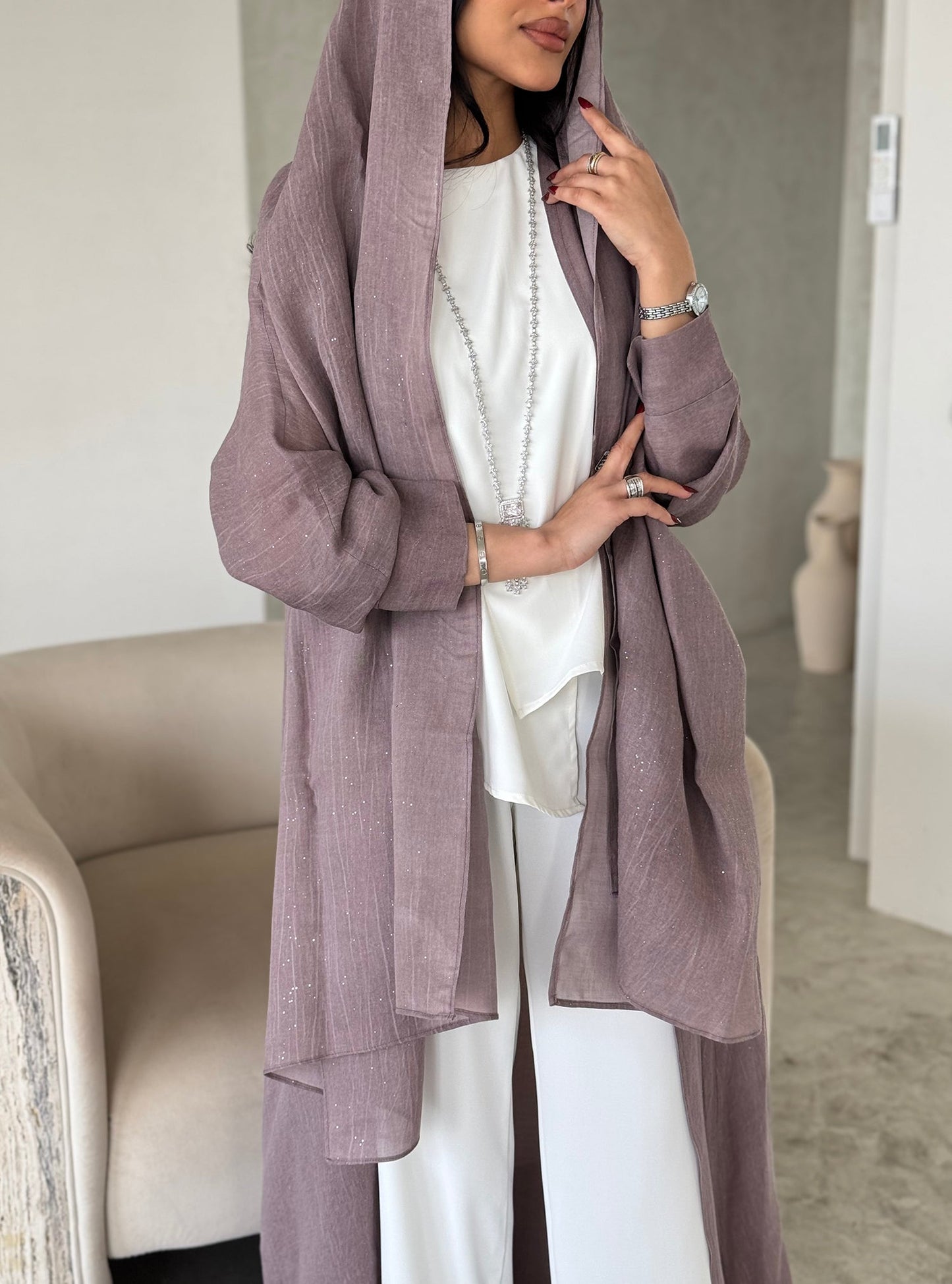 FAB167-Pink Glitter Linen A-Cut Abaya Set