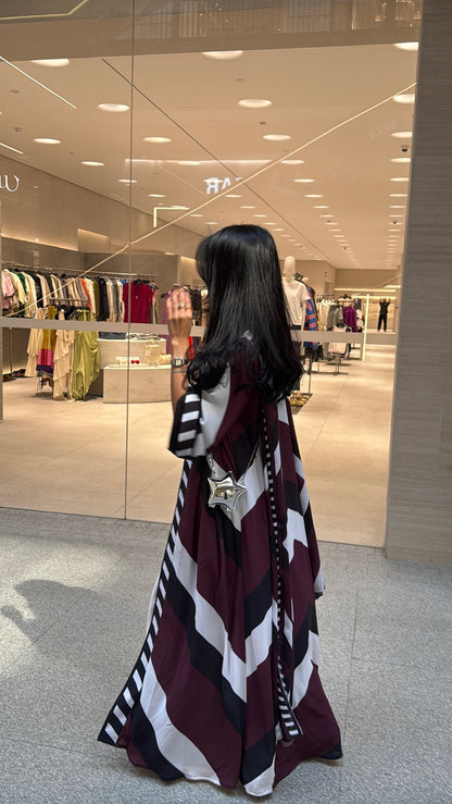 FAB302-Maroon & Black Printed Chiffon Silk A-Cut Abaya Set