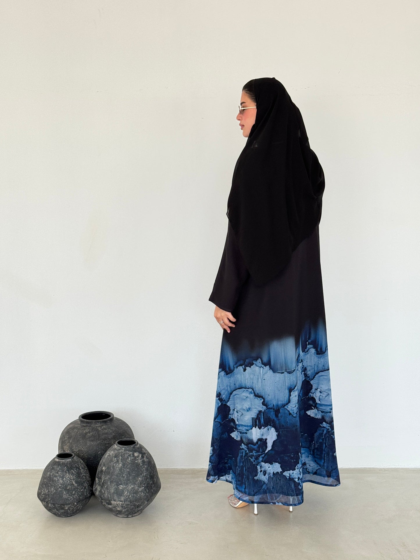 FAB211- Blue Ombre Waves print Shiffon A-cut Abaya with headscarf