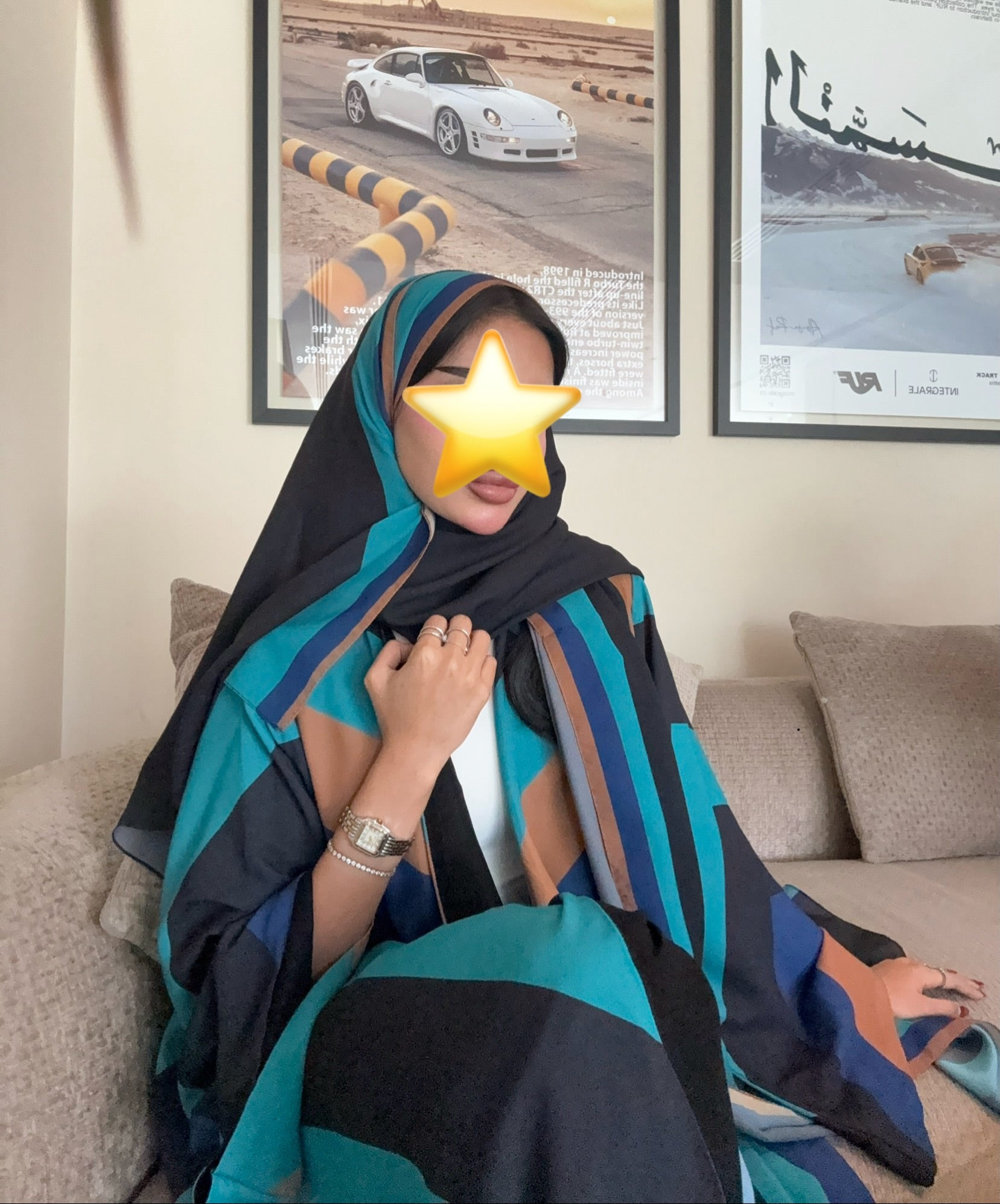 FAB328- Turqoise mustard printed Rainbow straight-cut abaya with matching headscarf