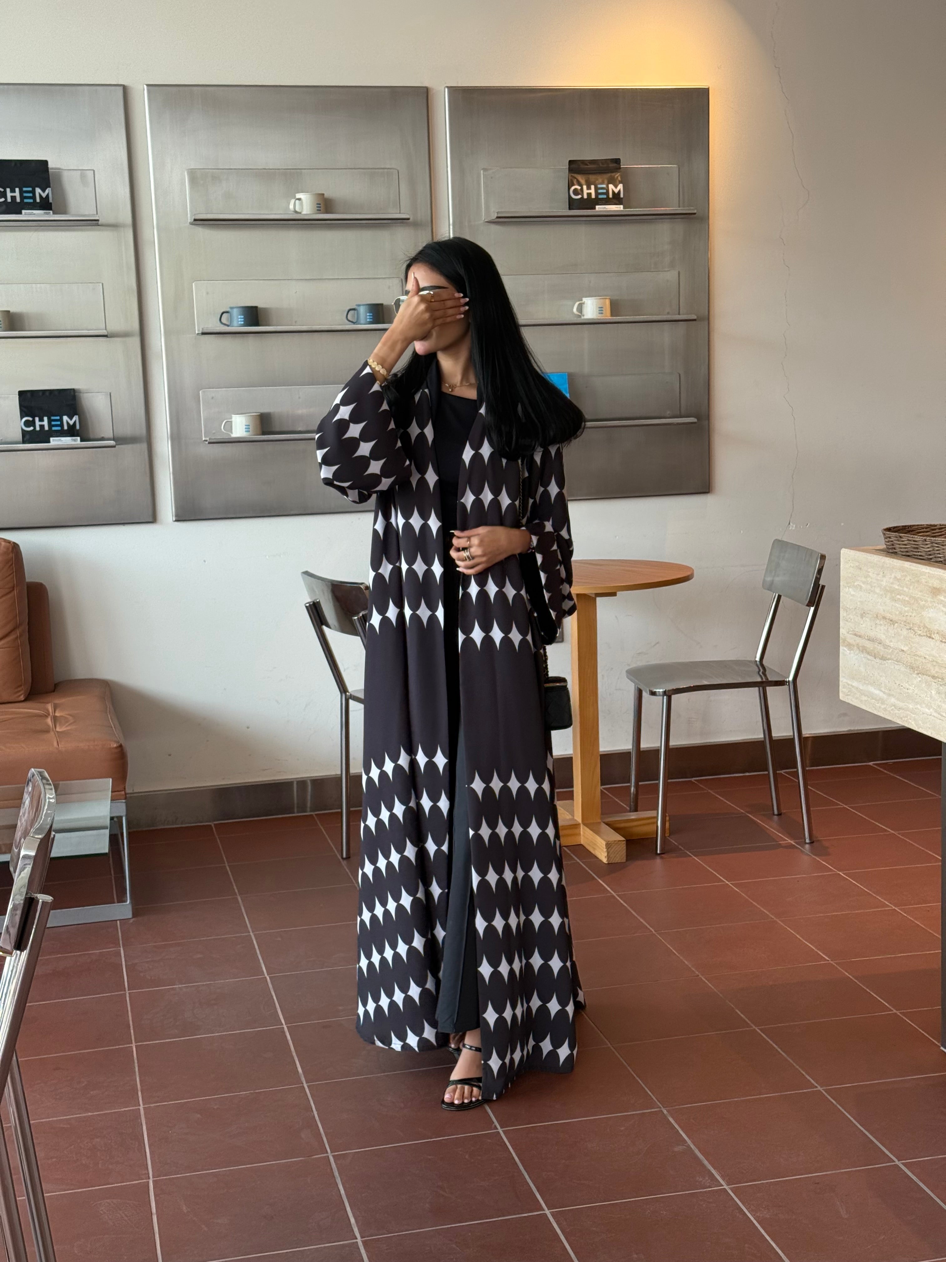 FAB334-White & Black Diamond Print Straight-Cut Abaya with Matching Headscarf