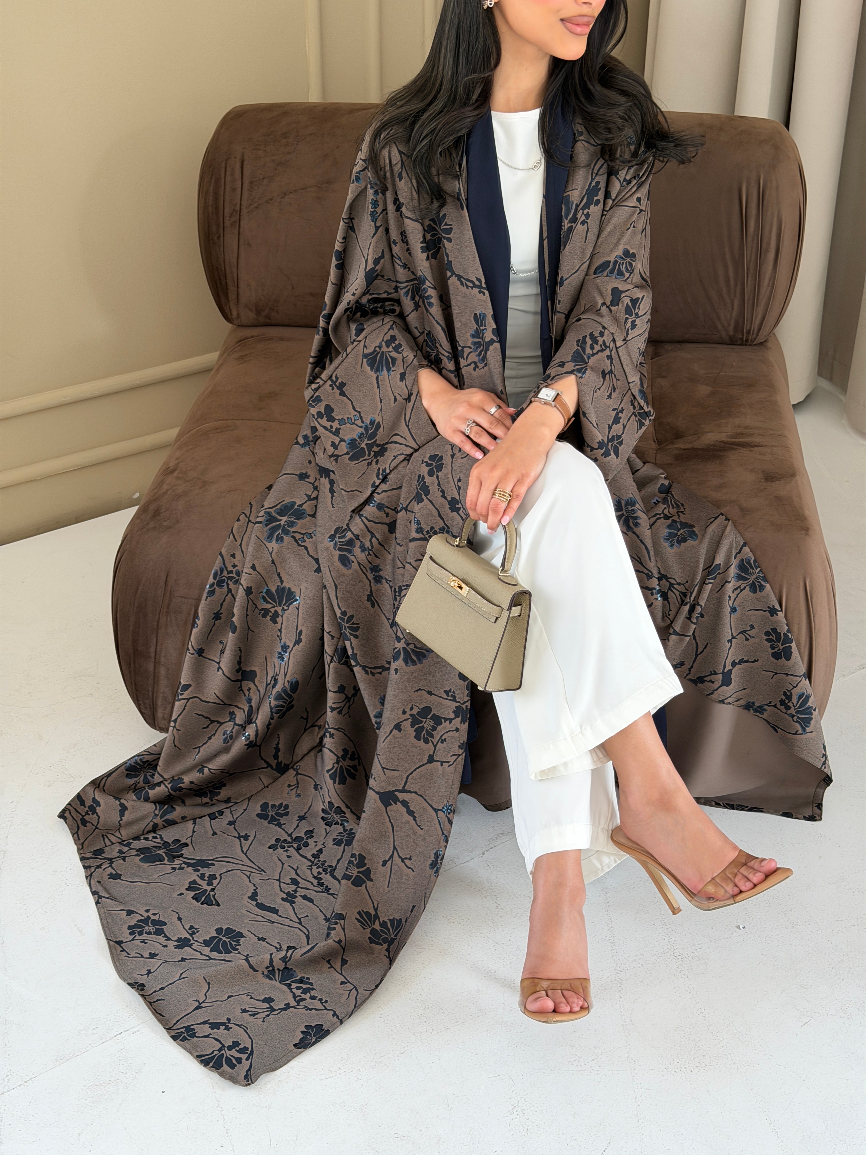 FAB283-Brown Floral Print Half Bisbt Abaya with pipping headscarf