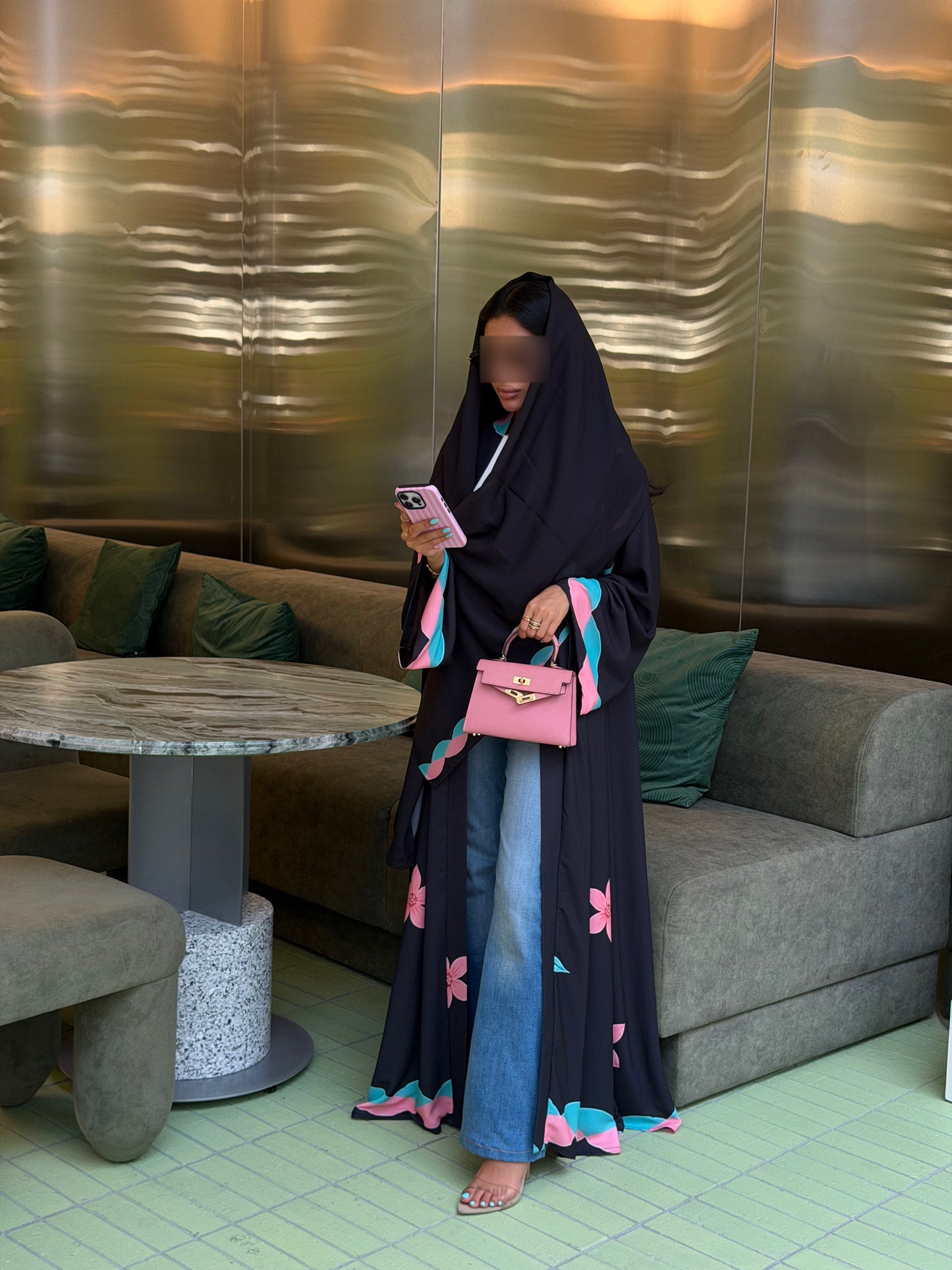 FAB324-Black Pink and Green Floral Print abaya and headscarf- Straight Cut