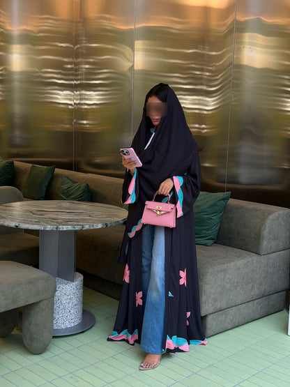 FAB324-Black Pink and Green Floral Print abaya and headscarf- Straight Cut