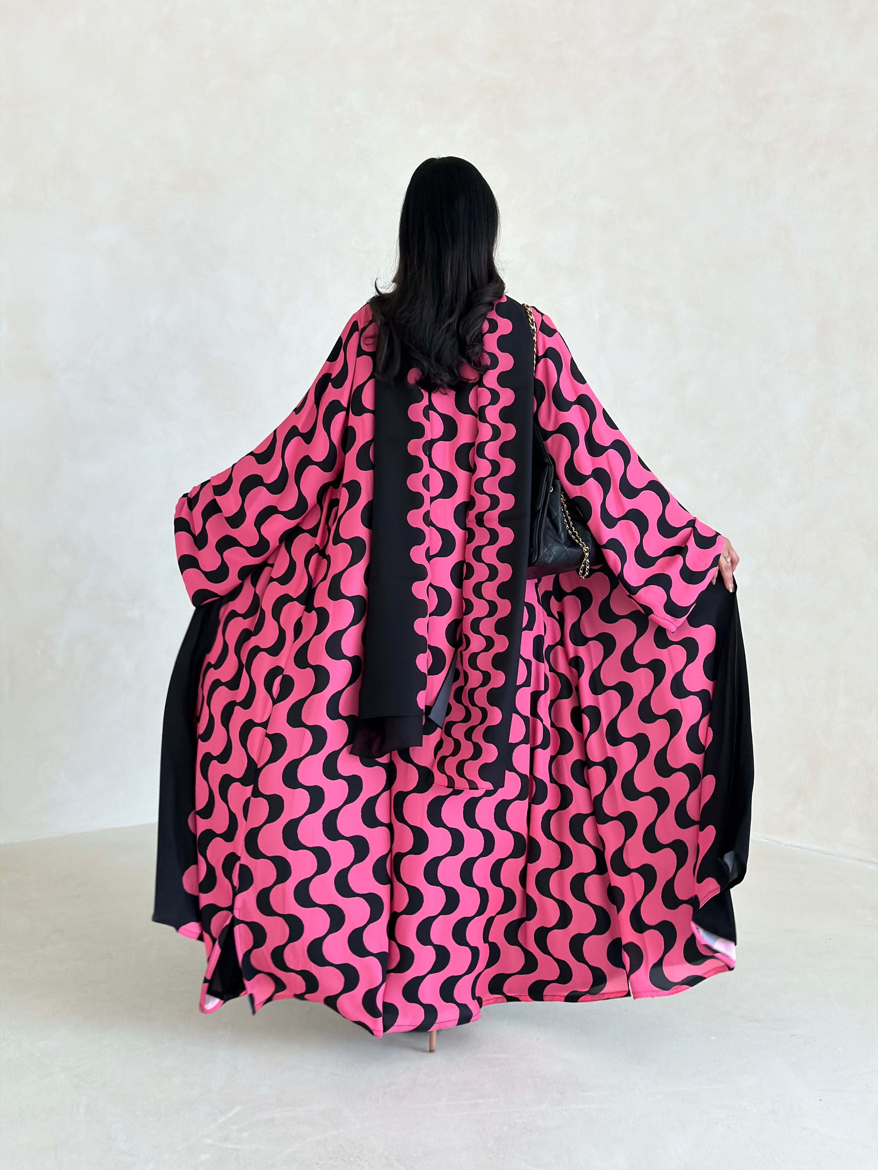 FAB342-Barbie Pink and Black Waves Printed Straight-Cut Abaya and matching headscarf