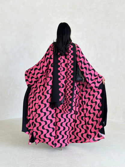 FAB342-Barbie Pink and Black Waves Printed Straight-Cut Abaya and matching headscarf