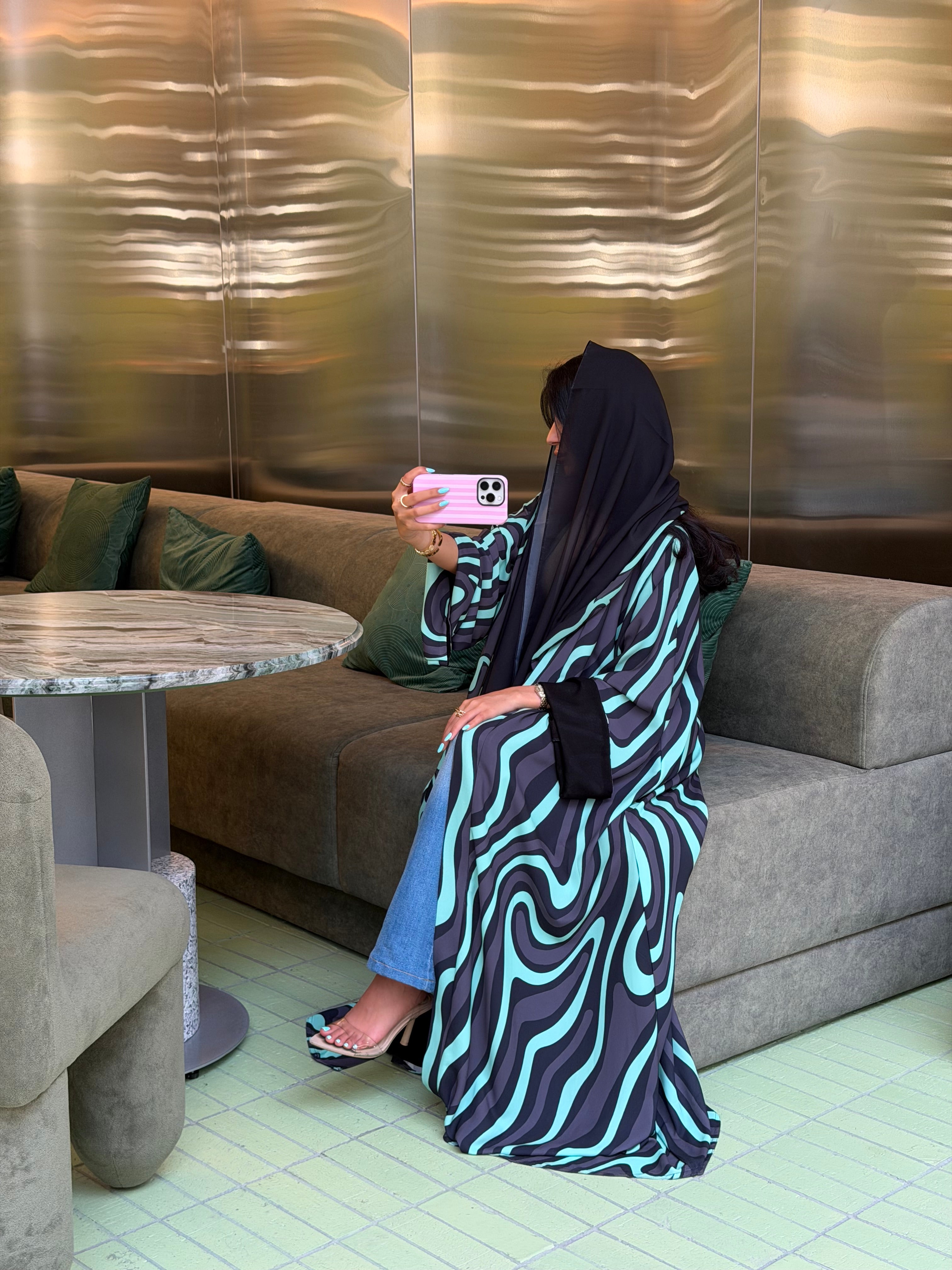 FAB323-Tiffany & Black Printed Abaya and Headscarf – Straight Cut