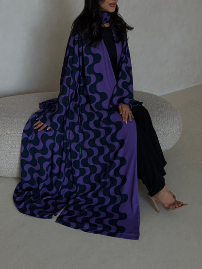 FAB345- Purple Blue Waves Printed Straight-Cut Abaya and matching headscarf