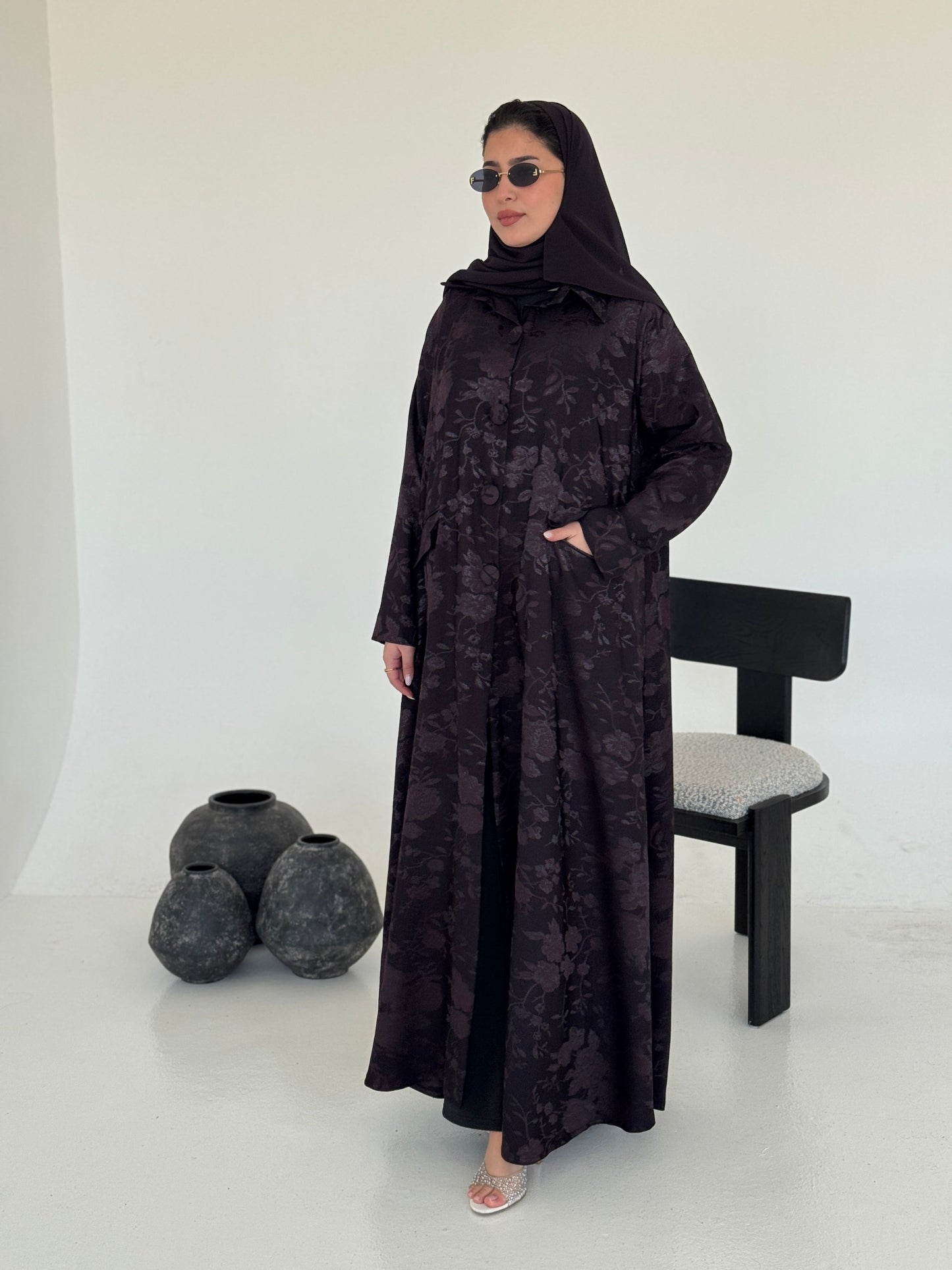FAB237- Purple Floral Silk Jacquard Blazer A-Cut Abaya