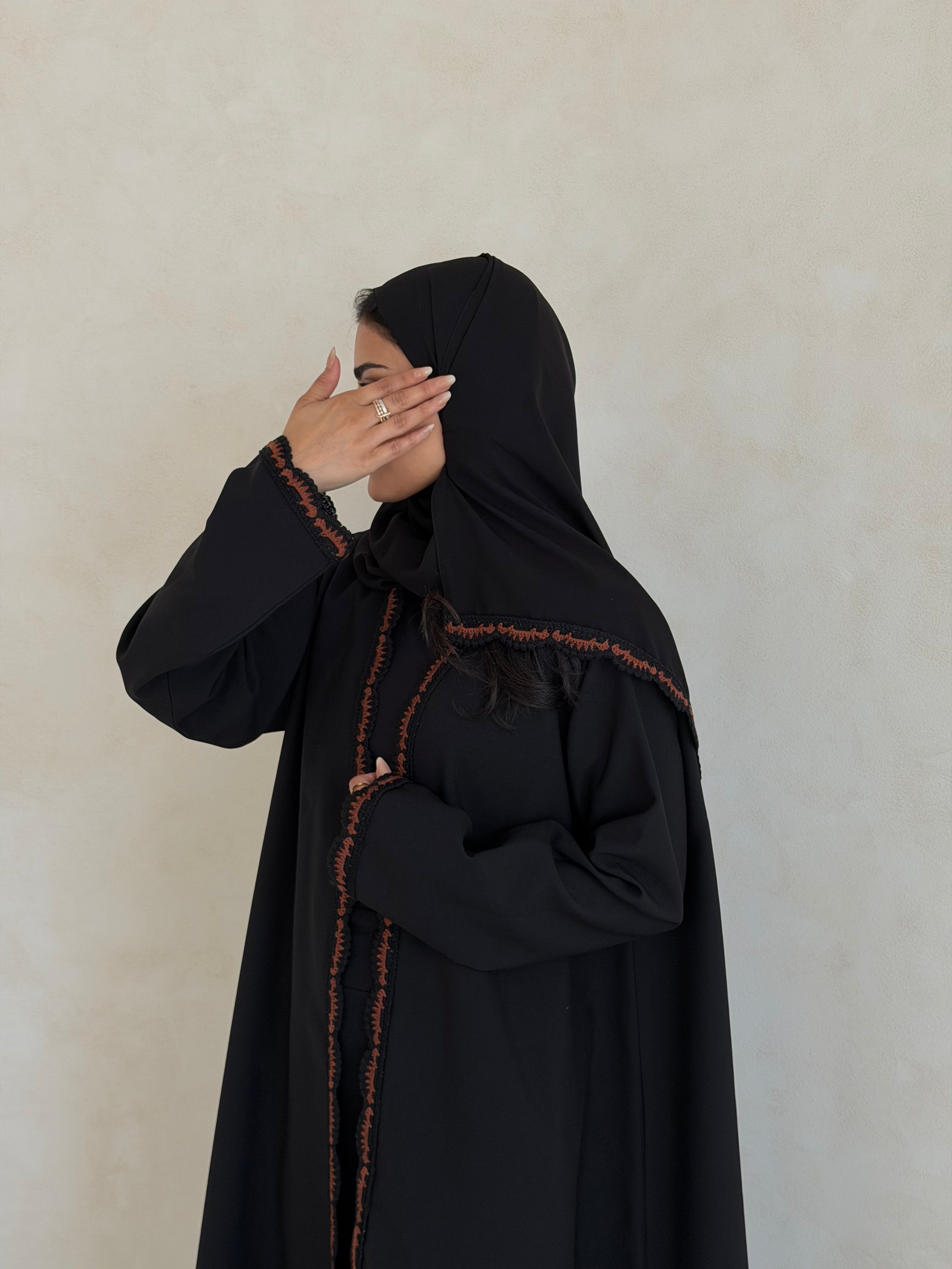 FAB349- Brown Crochet Black Crepe Klosh-Cut Abaya with Headscarf