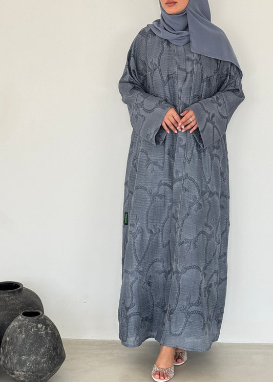 FAB218- Blue Ribbon Embroidery Linen Abaya with headscarf