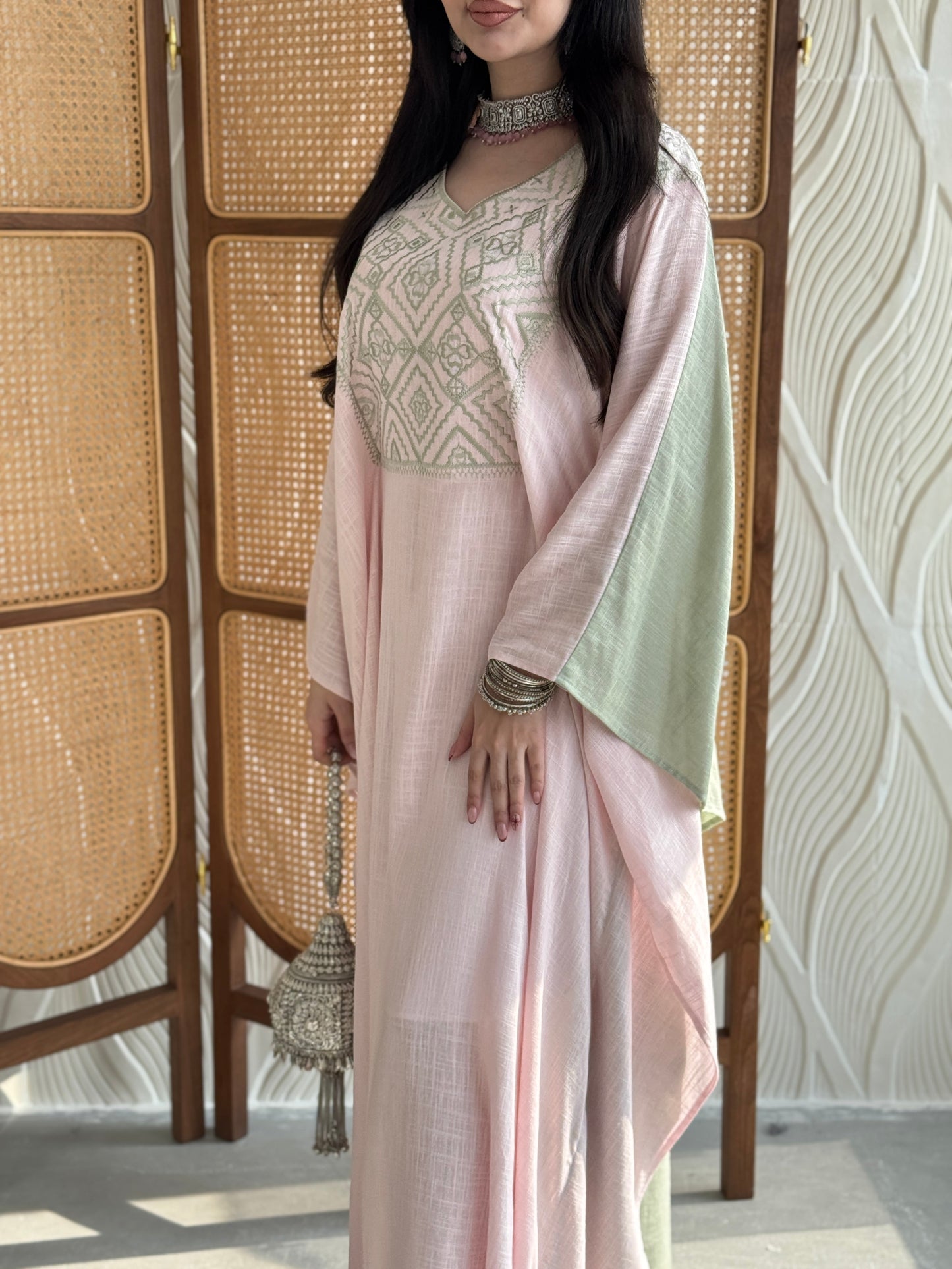 FAB256- Pink and Green Two-sided embroidered Linen butterfly cut jalabiya