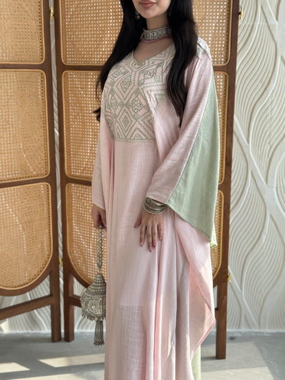 FAB256- Pink and Green Two-sided embroidered Linen butterfly cut jalabiya