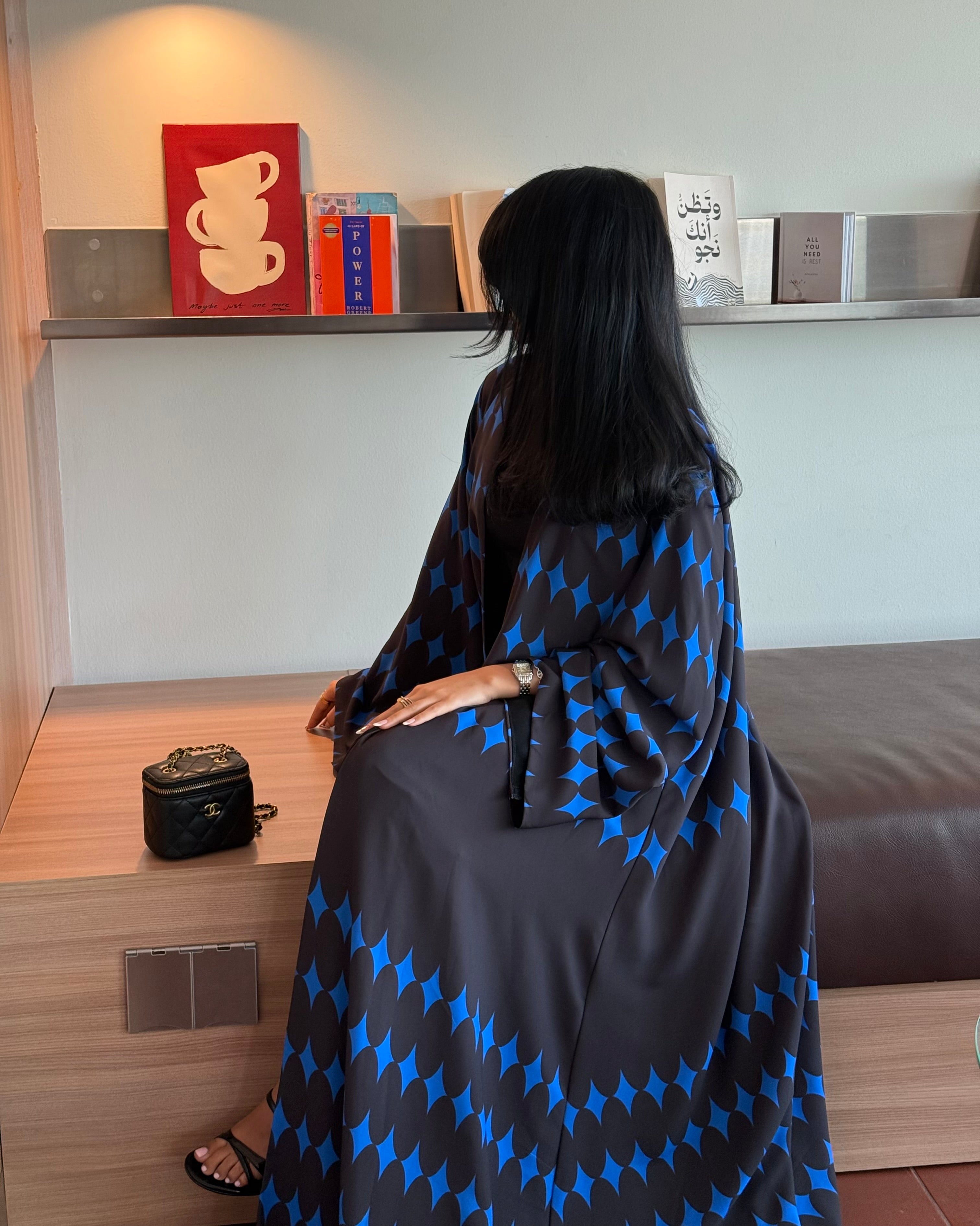 FAB336-Blue & Black Diamond Print Straight-Cut Abaya with Matching Headscarf