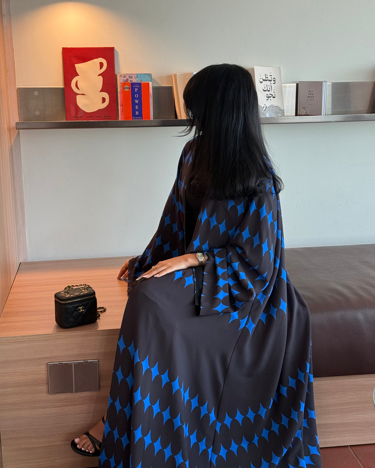 FAB336-Blue & Black Diamond Print Straight-Cut Abaya with Matching Headscarf