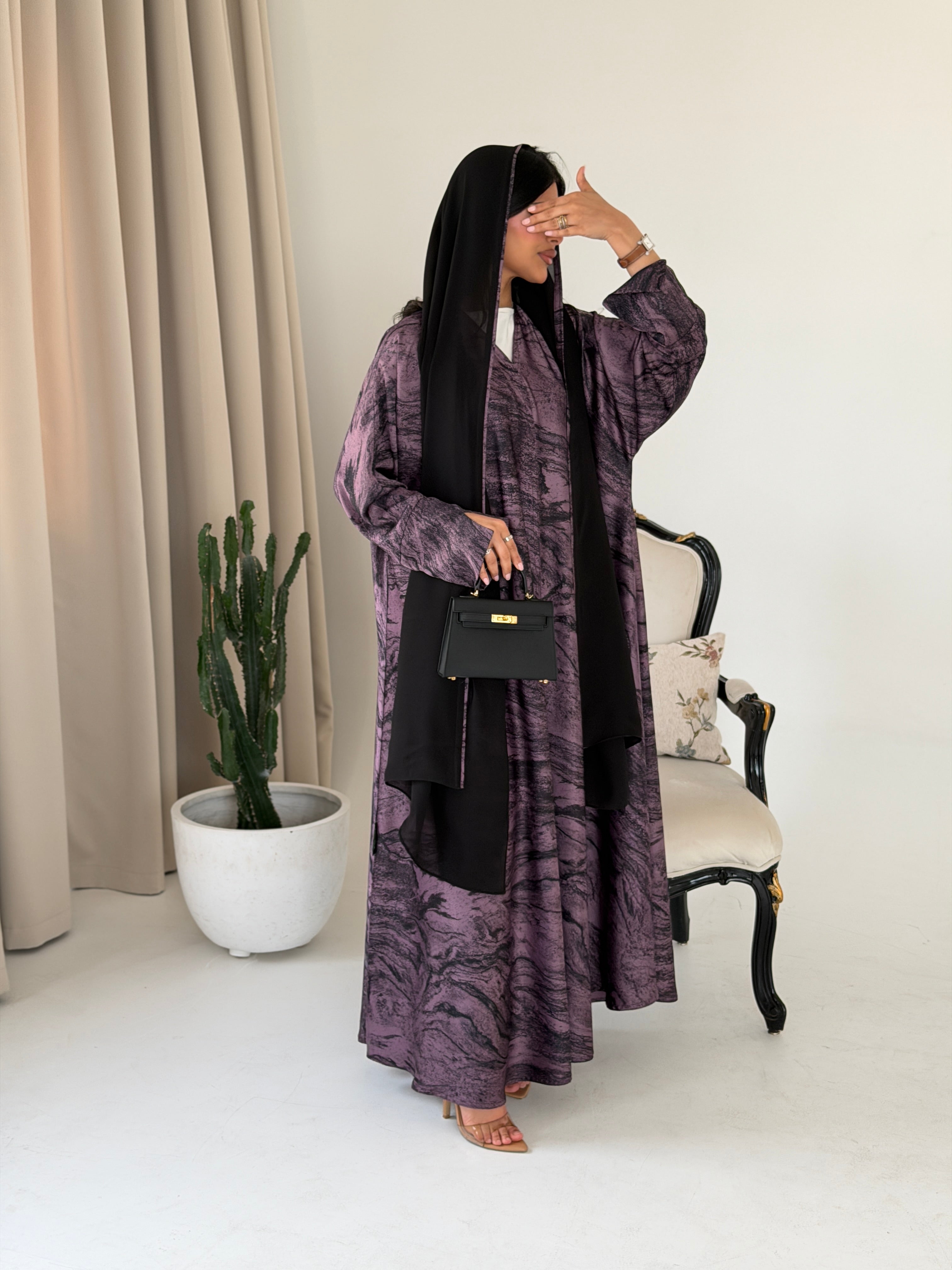 FAB287- Purple Marble Print - Crepe A-Cut Abaya with pipping headscarf