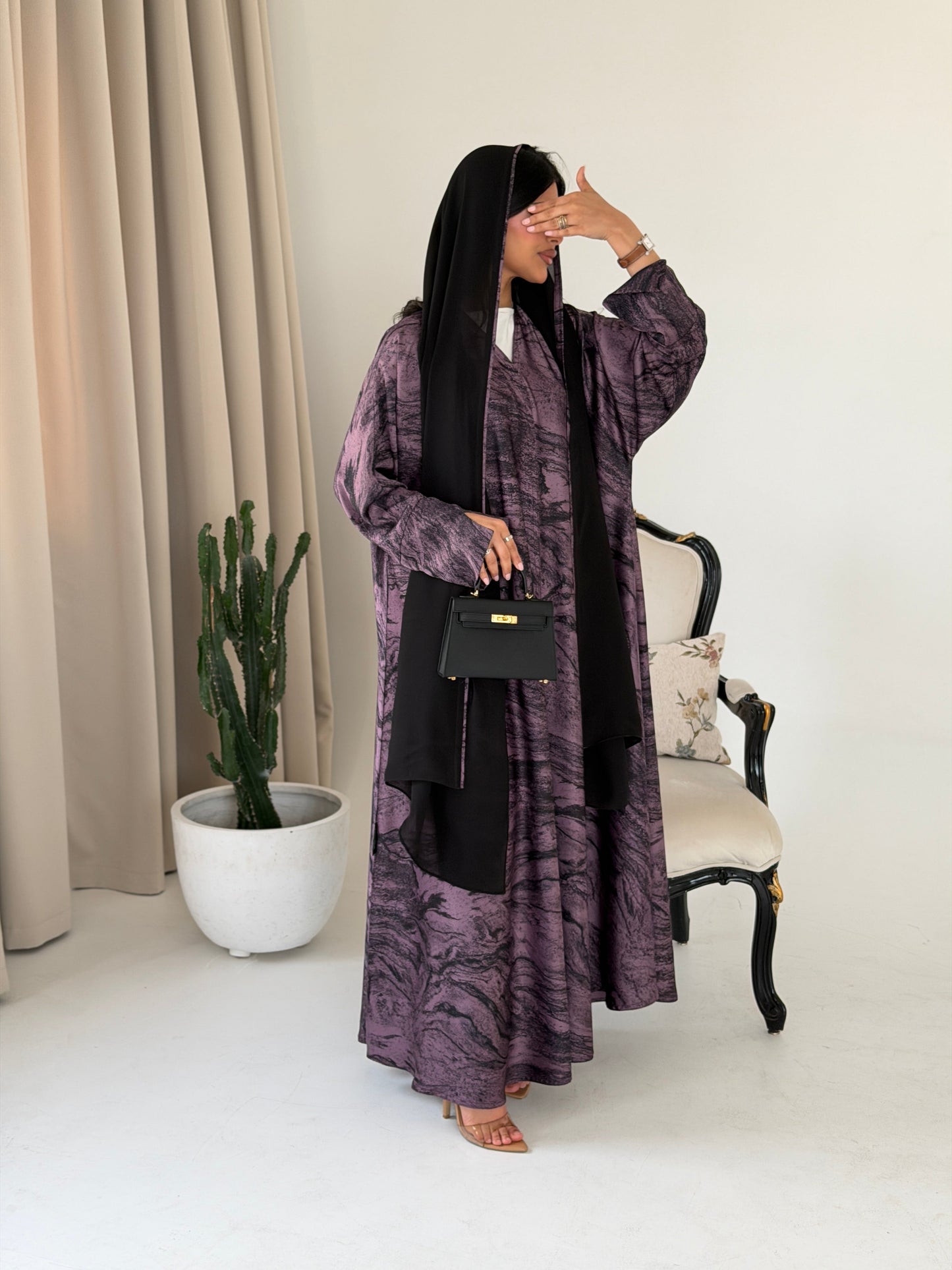 FAB287- Purple Marble Print - Crepe A-Cut Abaya with pipping headscarf