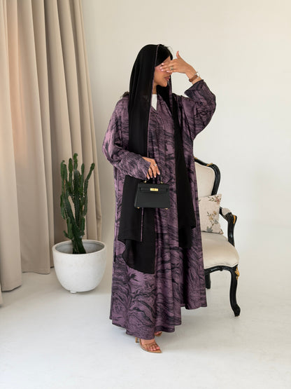 FAB287- Purple Marble Print - Crepe A-Cut Abaya with pipping headscarf