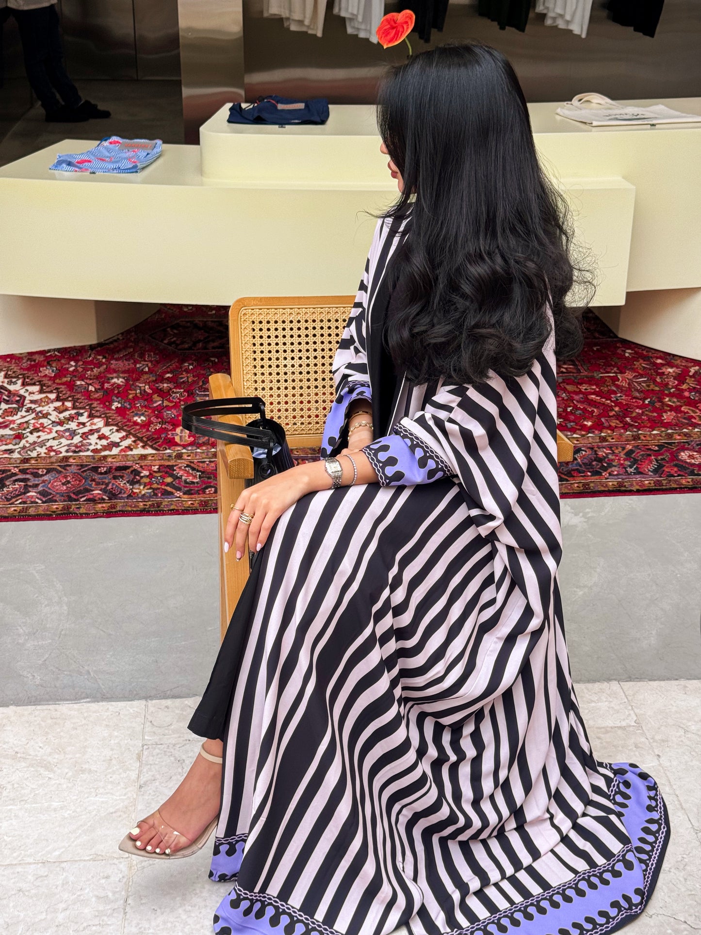 FAB321-Purple Black & Light Beige Striped Half Bisht-Cut Abaya with Neon border print