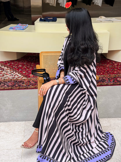 FAB321-Purple Black & Light Beige Striped Half Bisht-Cut Abaya with Neon border print