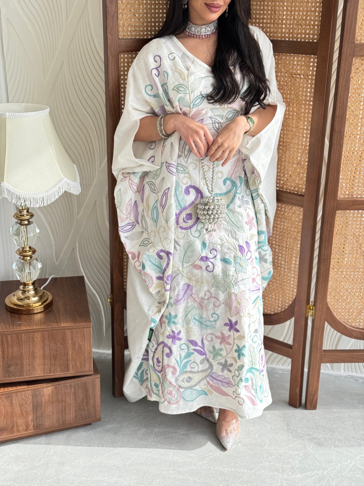 FAB262-White Linen free-size jalabiya with elegant multicolor embroidery