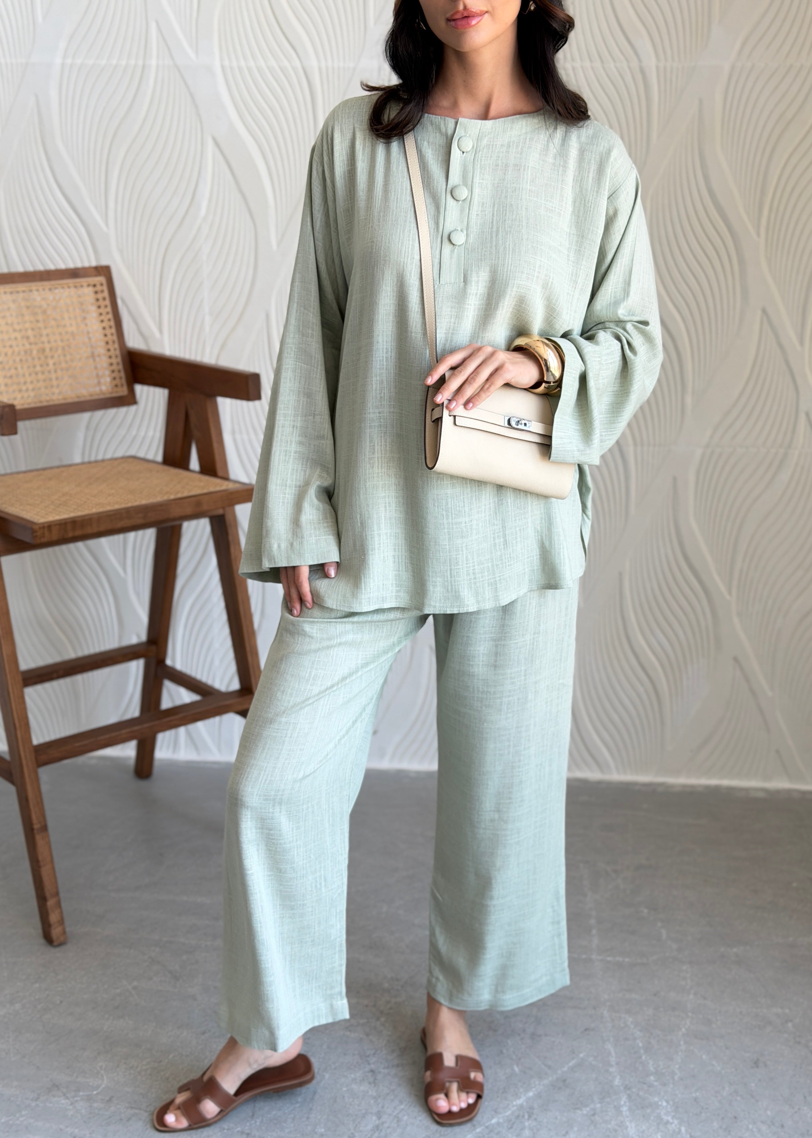 FAB309- Green Basic Linen Summer Set