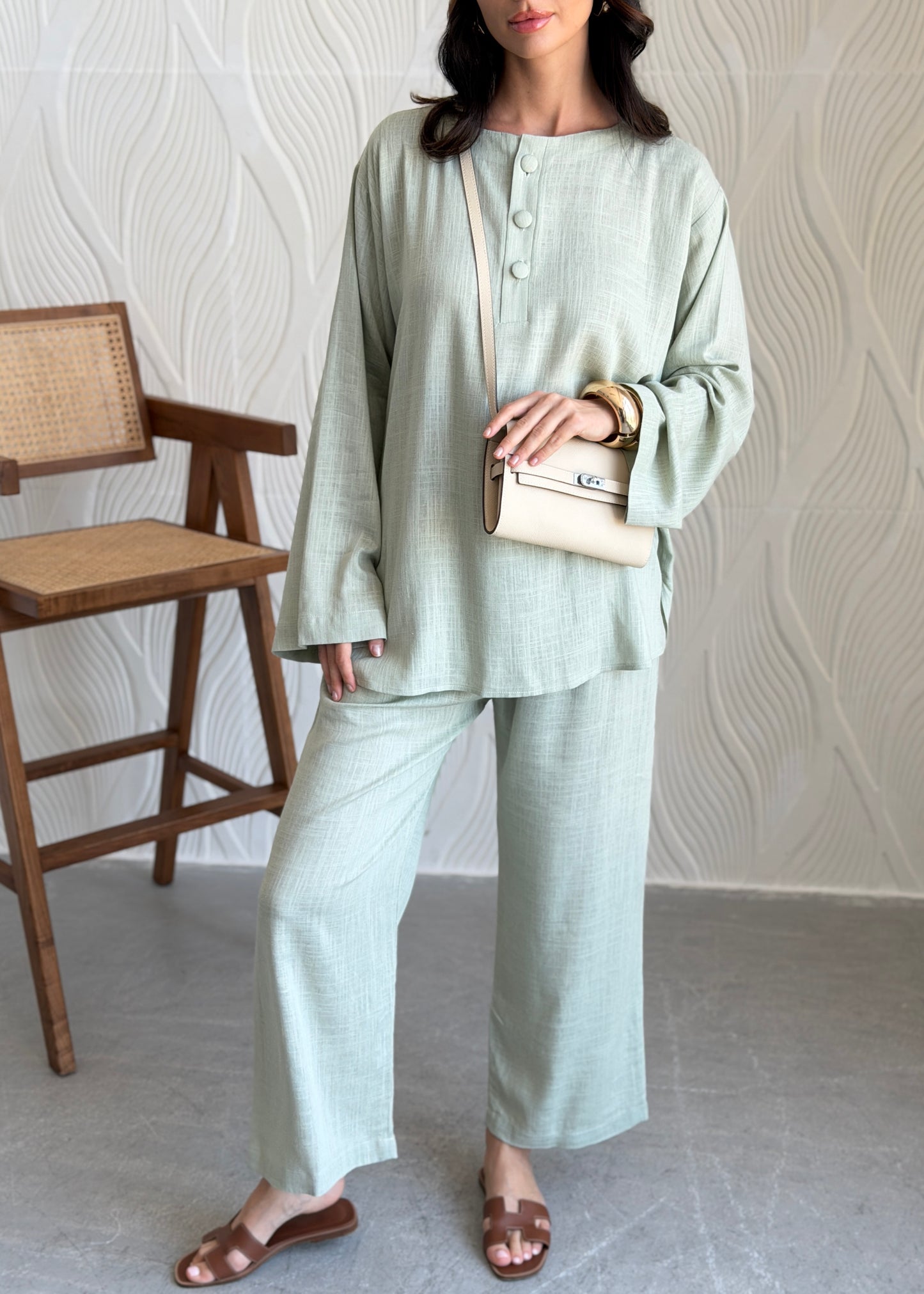 FAB309- Green Basic Linen Summer Set