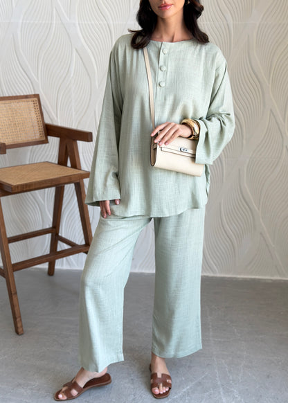 FAB309- Green Basic Linen Summer Set