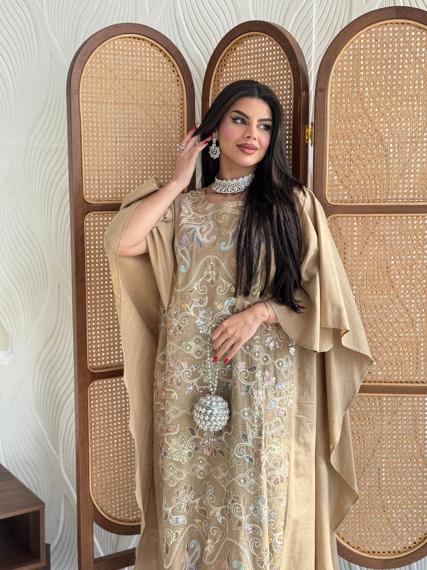 FAB269- Beige Elegant linen jalabiya with multicolor embroidery and a flowing cape cut
