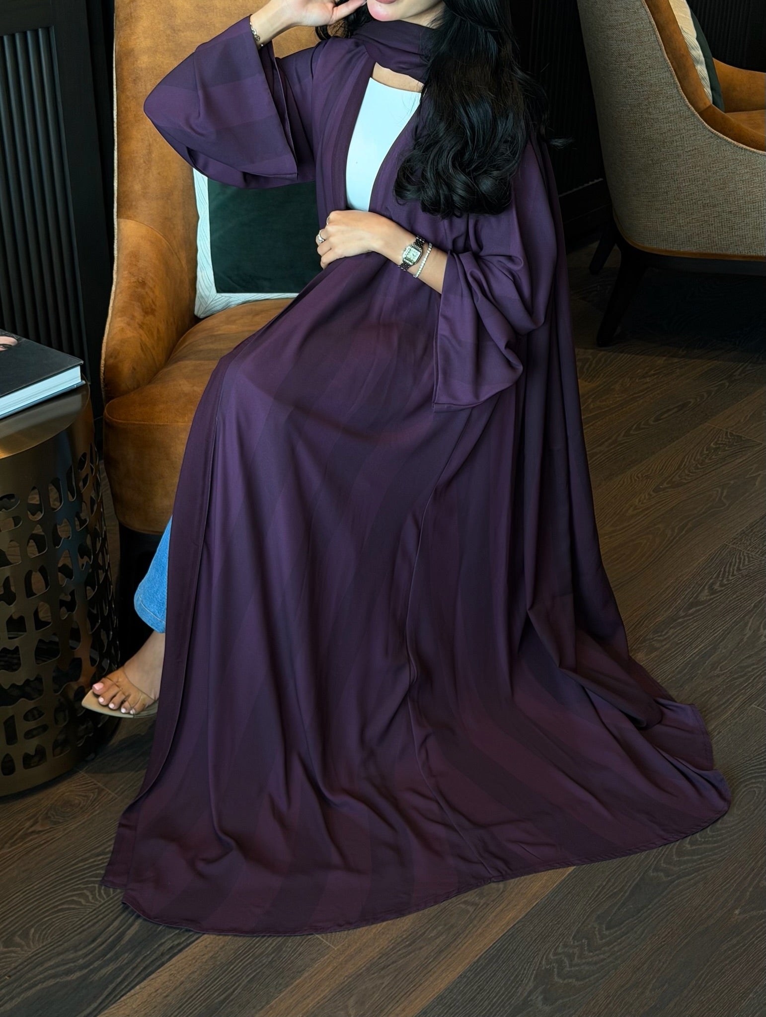 FAB329-Purple Basic Light Stripped Printed Klosh Abaya Set