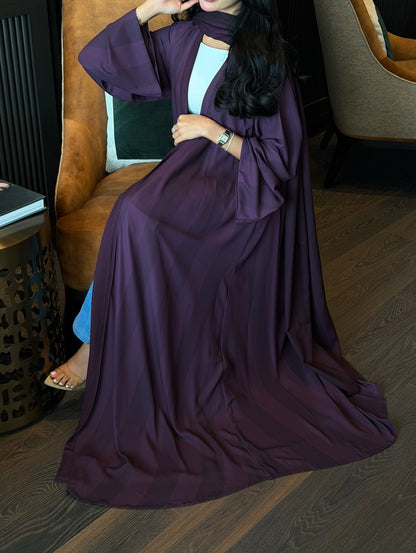 FAB329-Purple Basic Light Stripped Printed Klosh Abaya Set