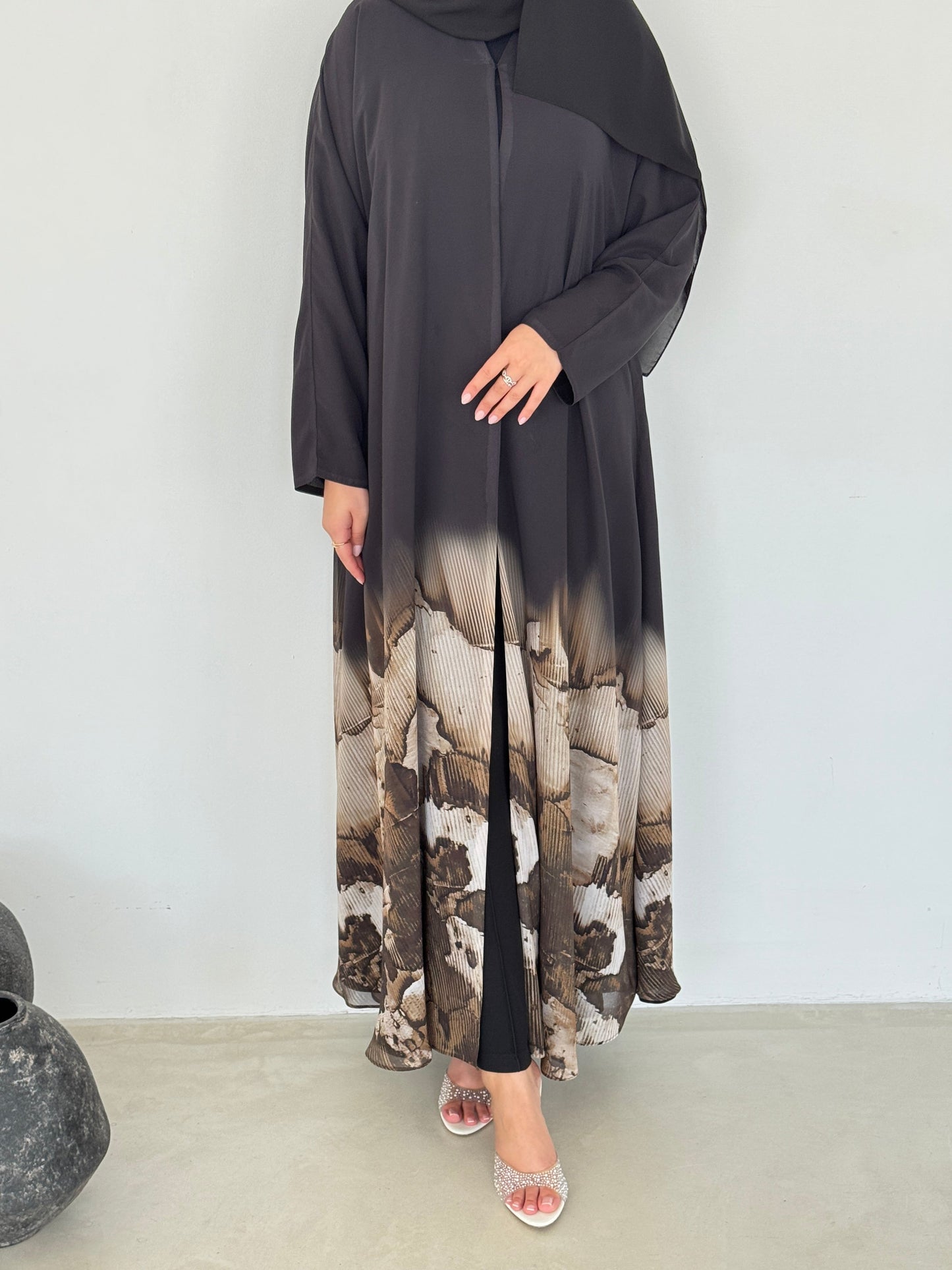 FAB213- Beige Ombre Waves print Shiffon A-cut Abaya with headscarf