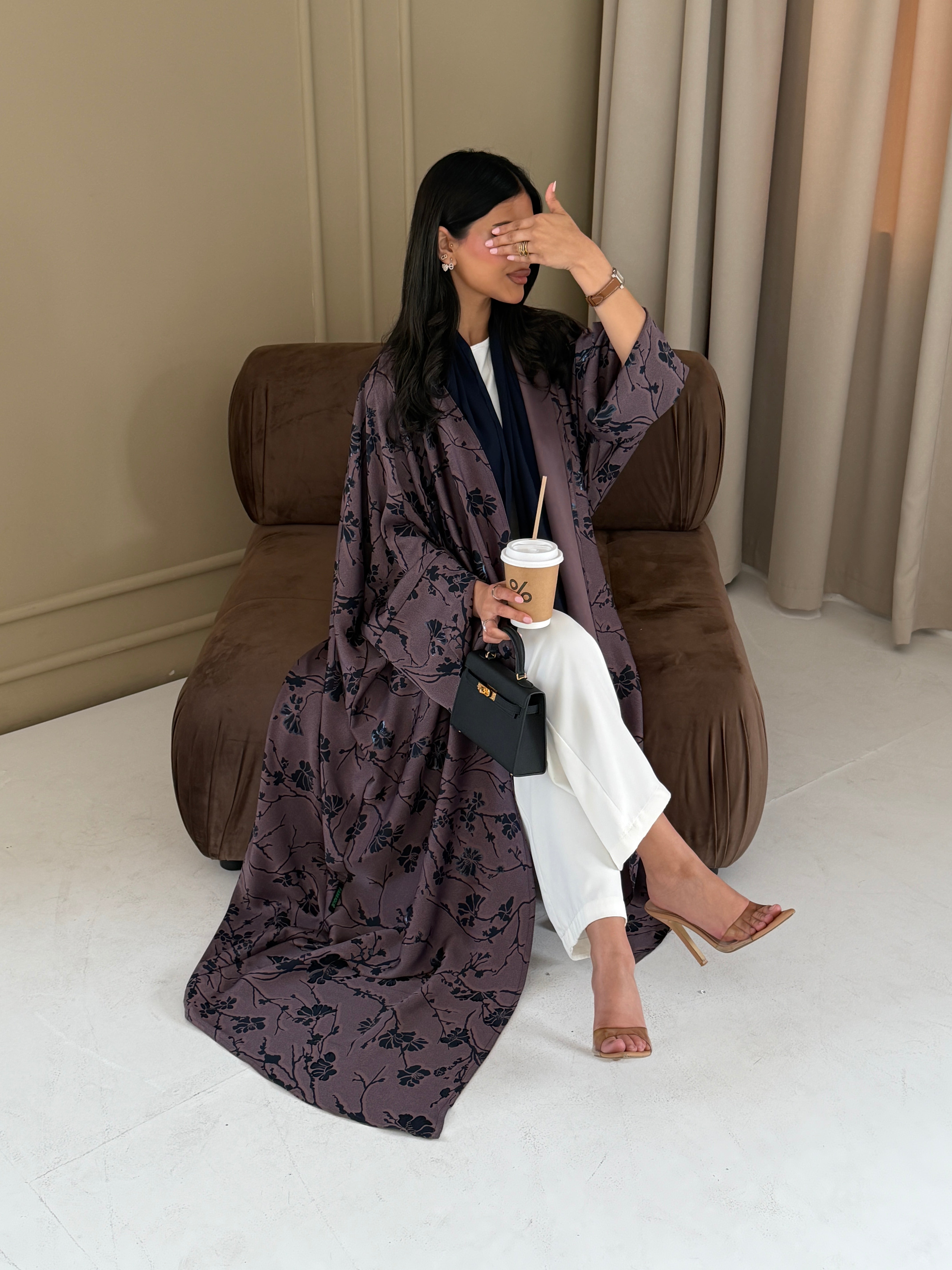 FAB284-Purple Floral Print Half Bisbt Abaya with pipping headscarf