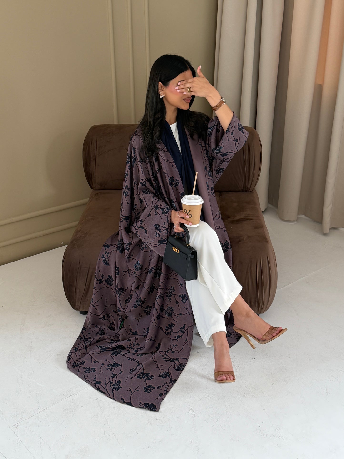FAB284-Purple Floral Print Half Bisbt Abaya with pipping headscarf