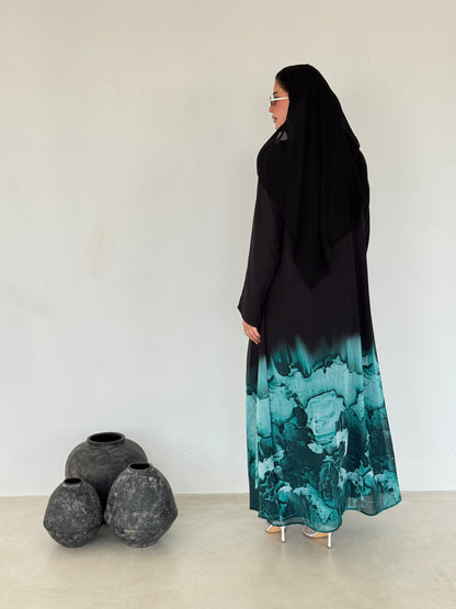 FAB210- Turquoise Ombre Waves print Shiffon A-cut Abaya with headscarf