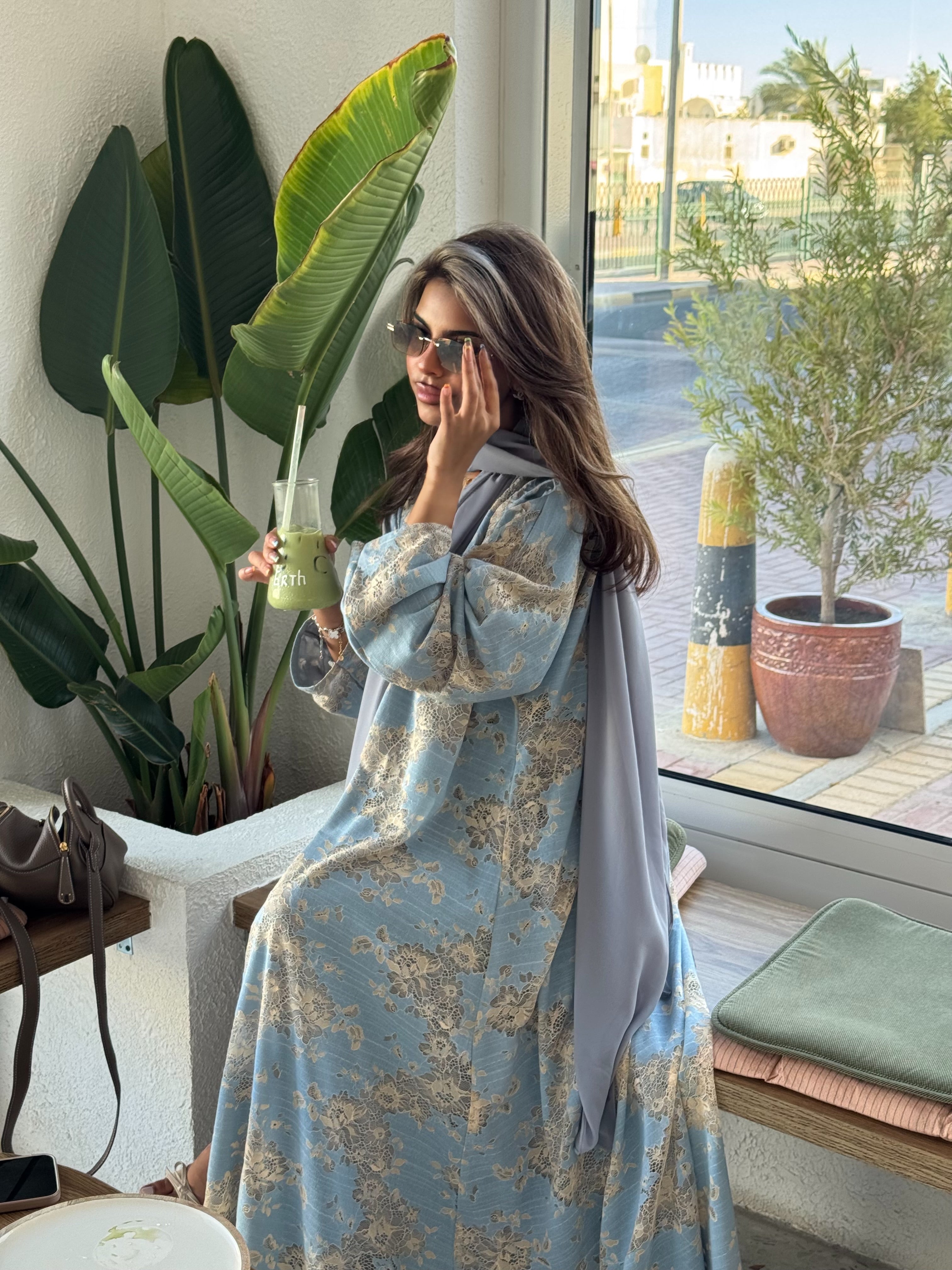 FAB300- Yellow and Blue Lace and Linen Summer A-Cut Abaya