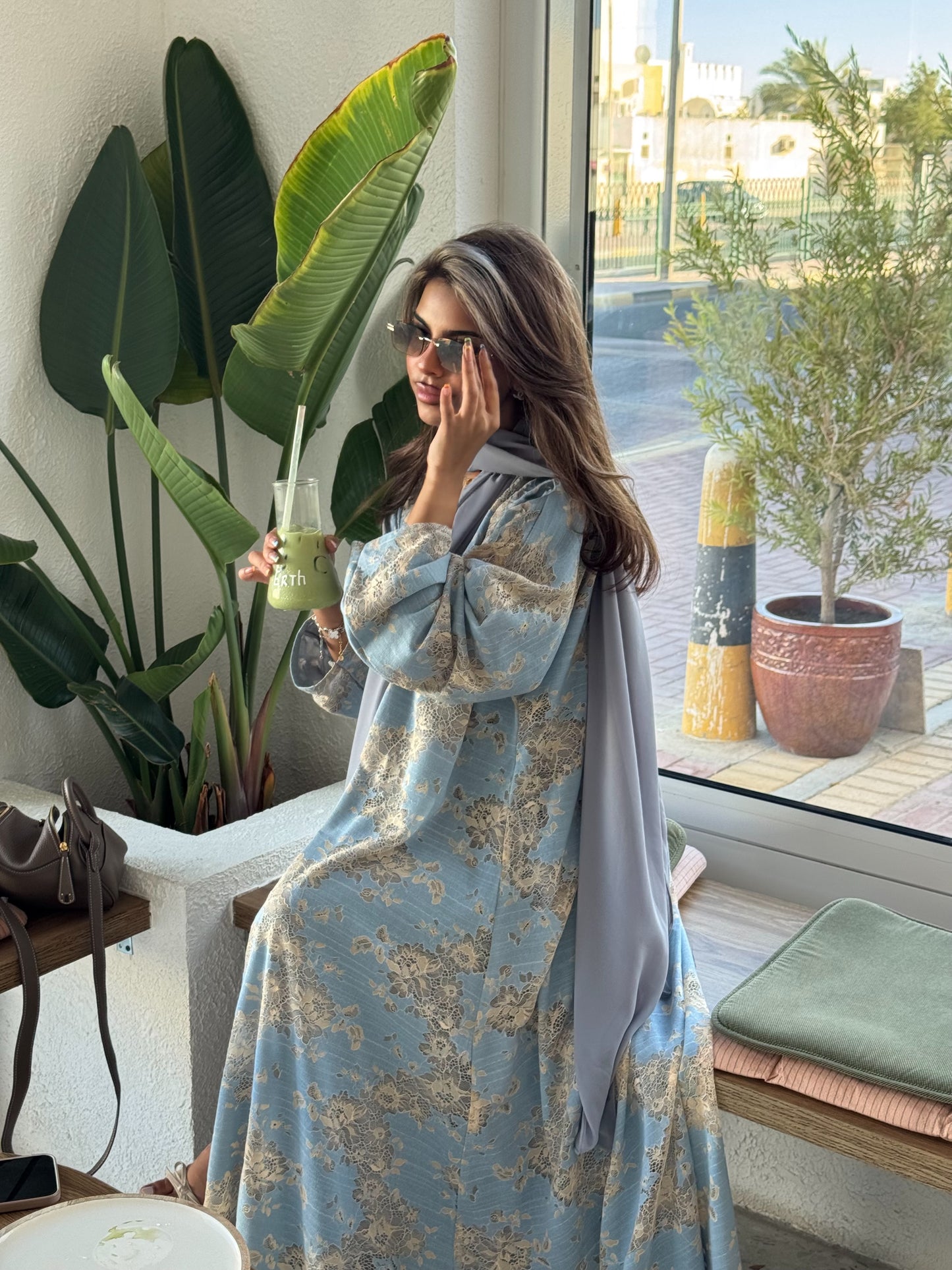 FAB300- Yellow and Blue Lace and Linen Summer A-Cut Abaya