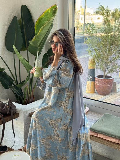 FAB300- Yellow and Blue Lace and Linen Summer A-Cut Abaya