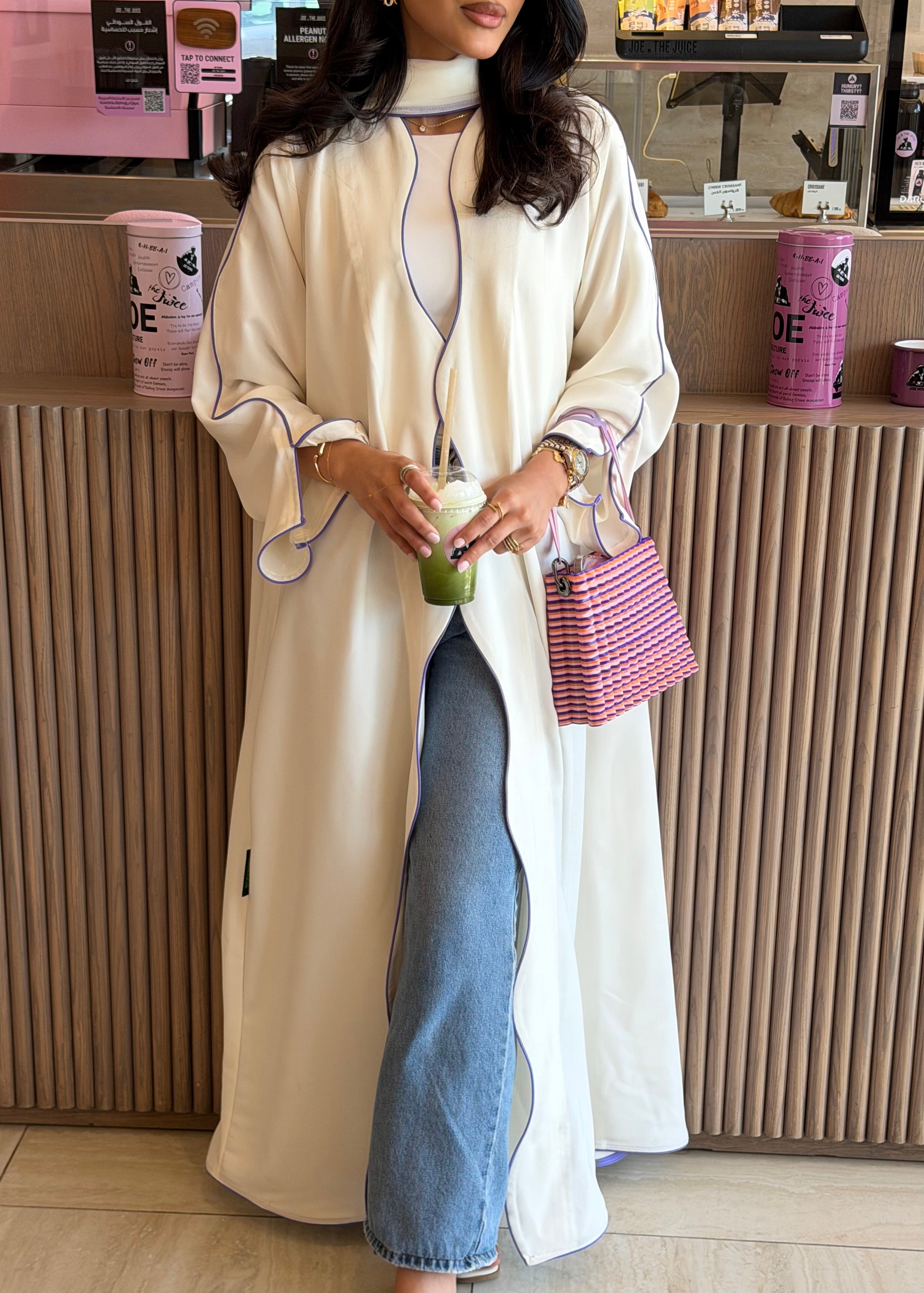 FAB317- White crepe swirl-cut abaya with purple piping abaya and headscarf