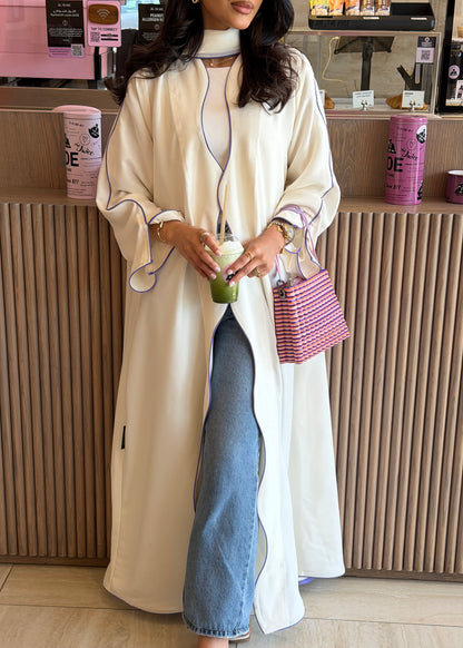 FAB317- White crepe swirl-cut abaya with purple piping abaya and headscarf
