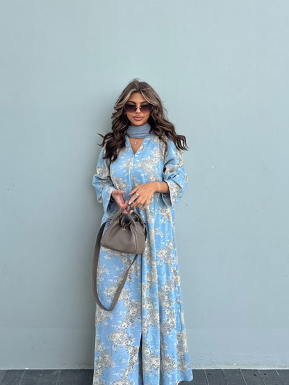 FAB300- Yellow and Blue Lace and Linen Summer A-Cut Abaya