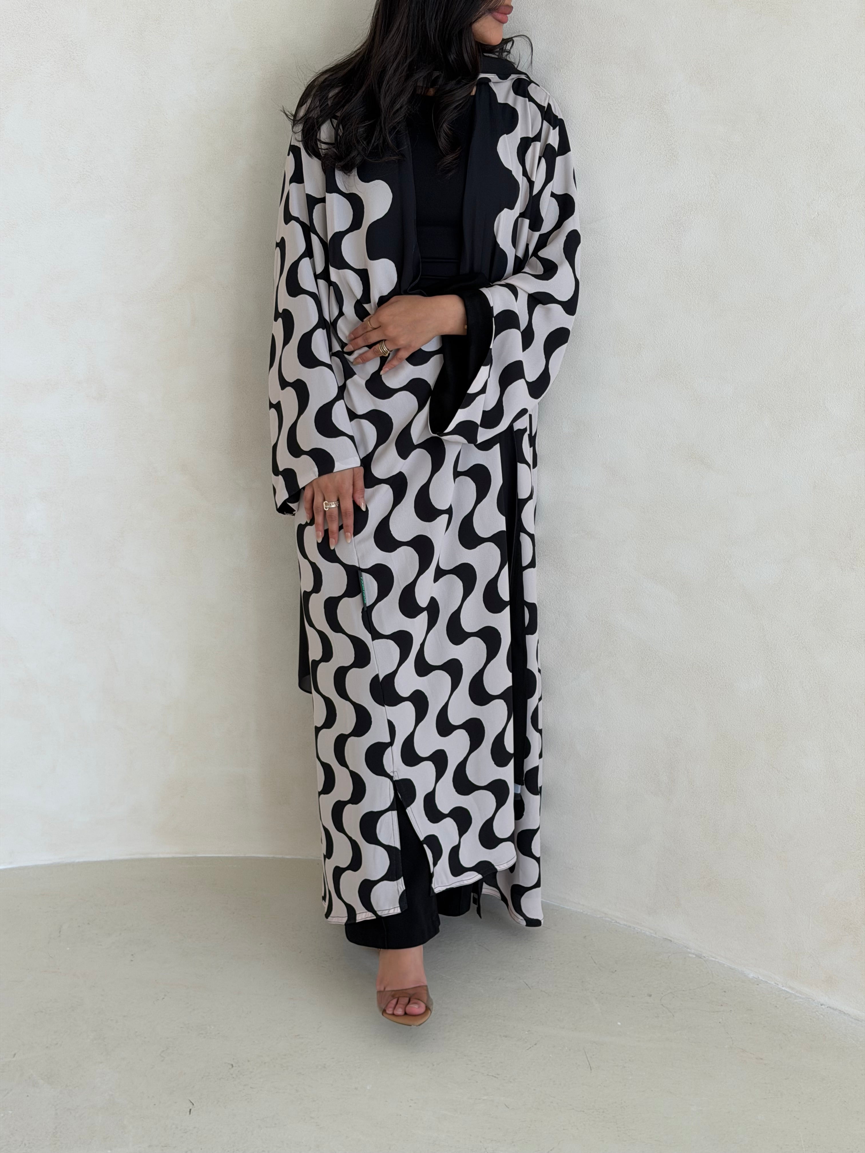 FAB344- White and Black Waves Printed Straight-Cut Abaya and matching headscarf