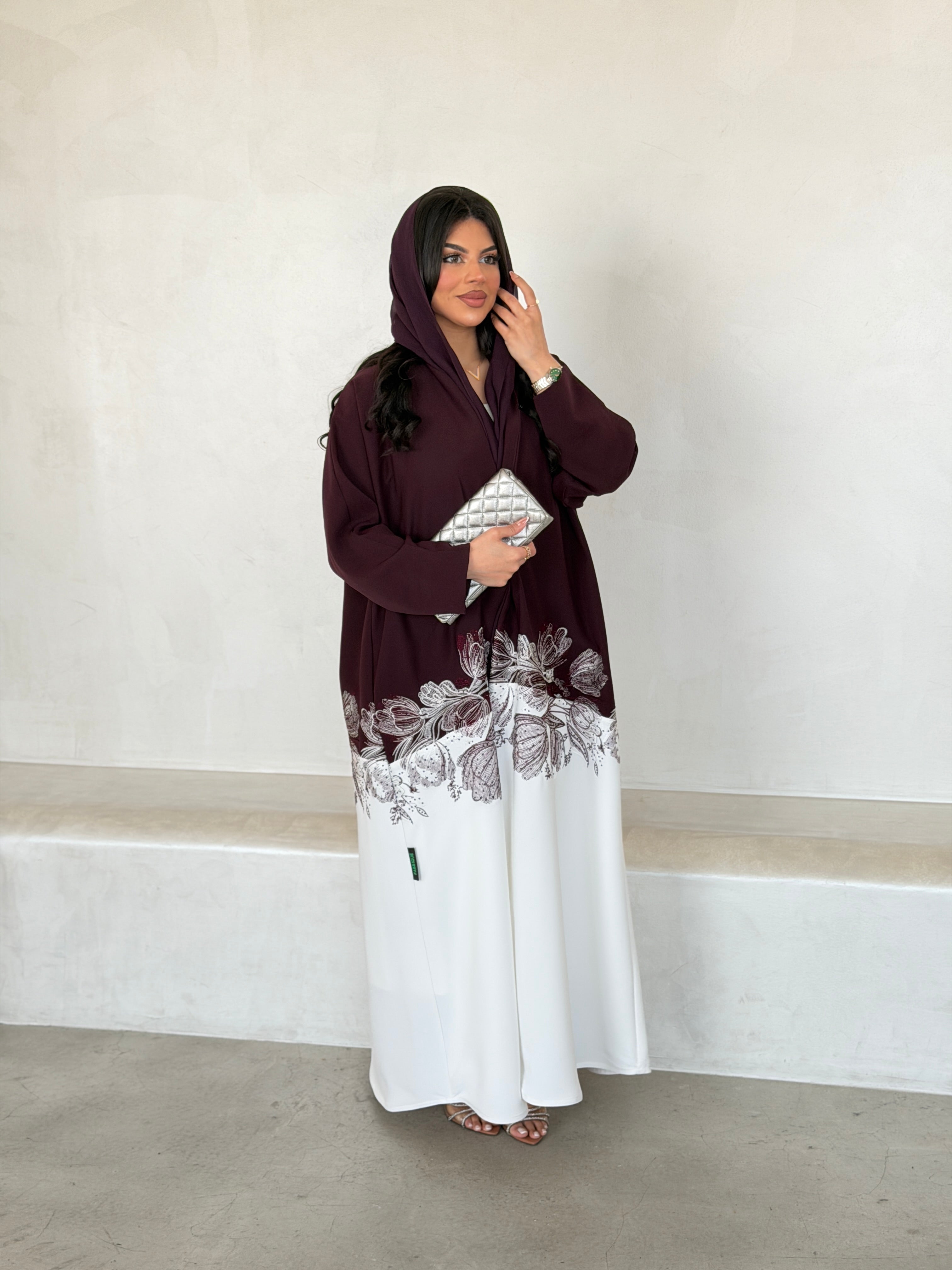 FAB293- Burgundy & White Crepe Crystal Embroidered Abaya